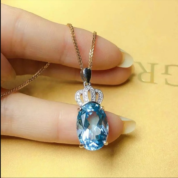 New Two Tone Beautiful Crown Aquamarine Necklace - Picture 4 of 4